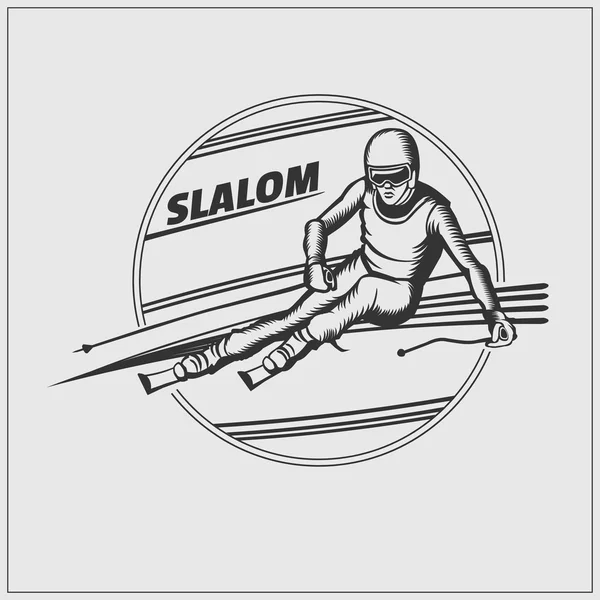 Slalom etykiety. Lekkoatletka specjalizująca się w biegu zjazdowym. Ilustracja wektorowa monochromatyczne. — Wektor stockowy