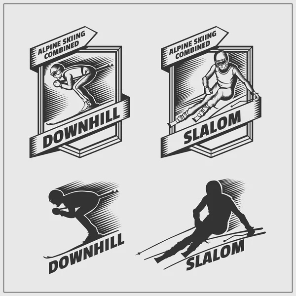 Set de etiquetas para deportes de invierno. Downhill y Slalom. Vector monocromo Ilustración . — Archivo Imágenes Vectoriales