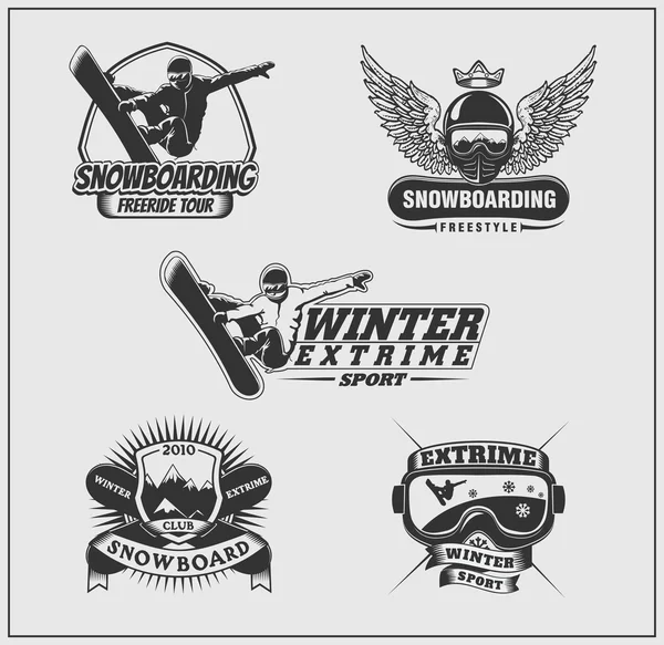 Skiing set. Silhouettes of skiers and snowboarders, ski emblems, logos and labels. — Stock Vector