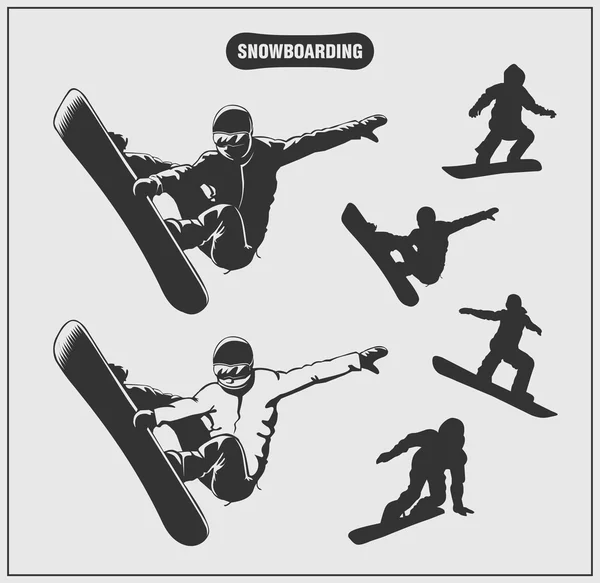 Snowboard etiketleri, amblemler, rozetleri ve snowboard düşkünleri siluetleri topluluğu.