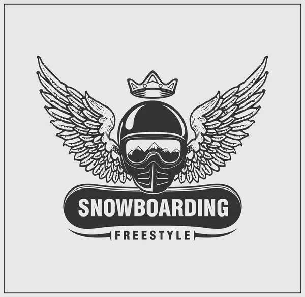 Label and logo of snowboarding. Ski helmet with a crown and wings. Vector monochrome design. — Stock Vector