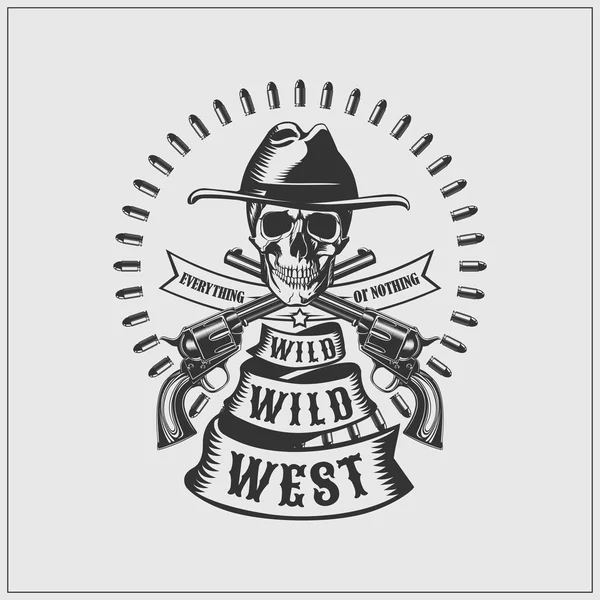 Rótulo Wild West. Caveira, balas e armas . — Vetor de Stock