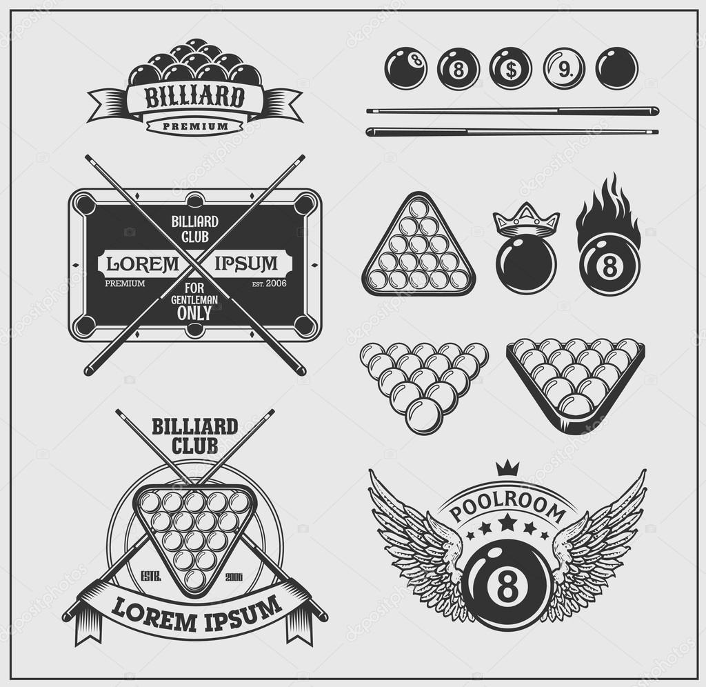 Set of billiards labels, emblems and design elements.