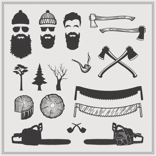 Lumberjack tecken med verktyg och tillskriver set: motorsågar, sågar, yxor, stämplar och träd. Silhuett vektor monokrom design. — Stock vektor