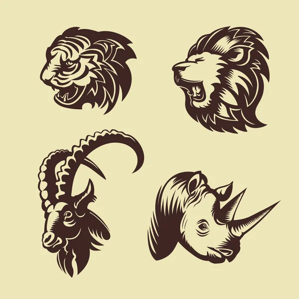 Hayvan başları topluluğu. Aslan, kaplan, gergedan ve keçi. Dövme ve logo tasarımı.