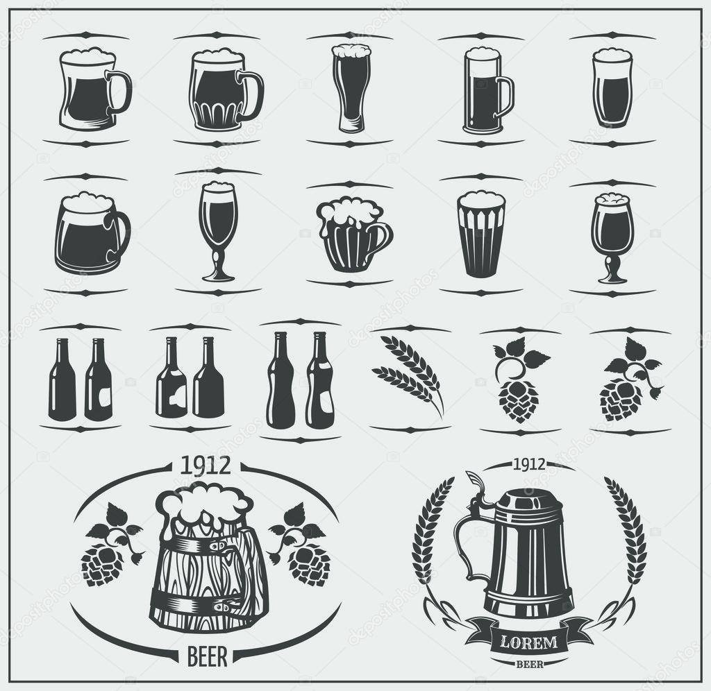 Beer set mugs and bottles, barley, beer labels and logos. Isolated