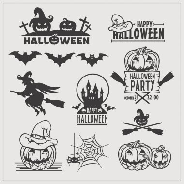 Cadılar Bayramı öğeleri ve etiketleri kümesi. Tek renkli tasarım.