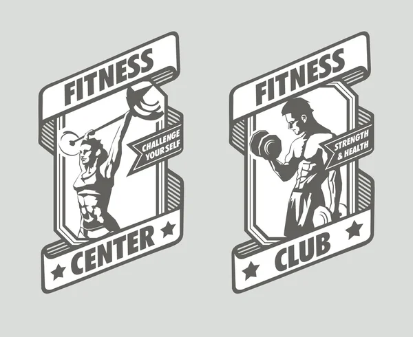 Ilustración vectorial de una mujer con una barra y un hombre con una mancuerna en los marcos. Carteles de fitness y logotipos . — Archivo Imágenes Vectoriales