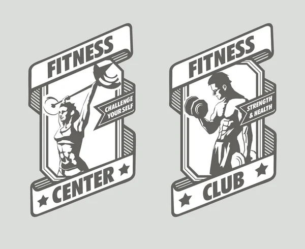 Vektor illustration av en kvinna med en skivstång och man med en hantel i ramar. Fitness affischer och logotyper. — Stock vektor