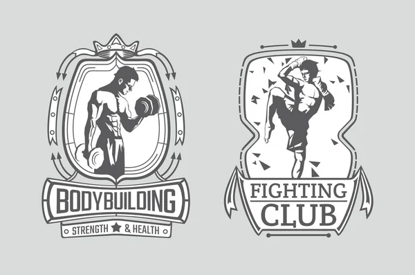 Vektor illustrationer av Muay Thai fighter och Bodybuilder i ramar. Bodybuilding och thaiboxning affischer. — Stock vektor