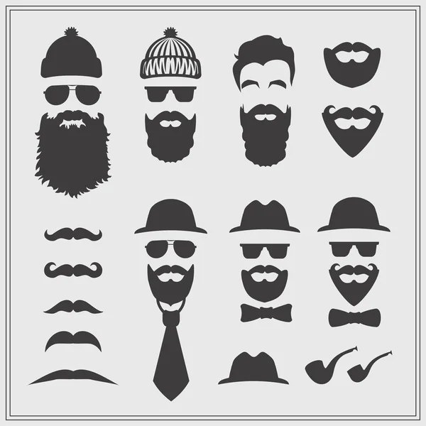 Vektör Oluşturucu farklı hipster gözlük, sakal, bıyık, bağları ve papyon. Gri arka plan üzerinde yenilikçi tasarım.