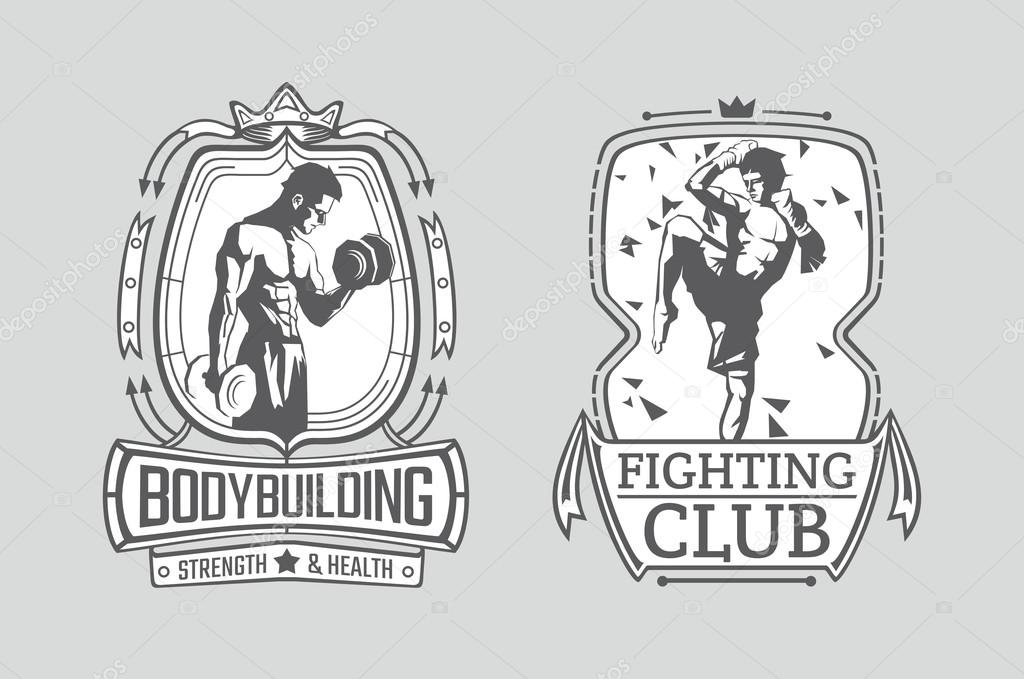 Vector illustrations of Muay Thai fighter and Bodybuilder in the frames. Bodybuilding and Thai boxing posters.