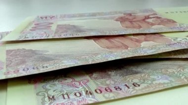 İnsanlar yüz hryvnia faturaları bir masada sayma