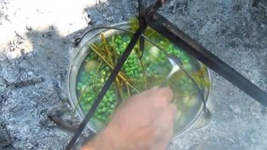 Şenlik ateşi ve Melon, bir tencerede ateşe, bezelye patates çorbası pişirme çorba.