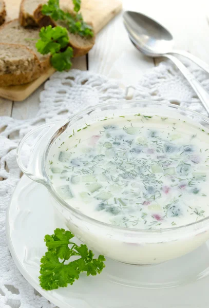 Cold soup Okroshka with fresh vegetables Stock Photo