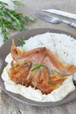 Pirinç ve kremalı sos ile bıldırcın