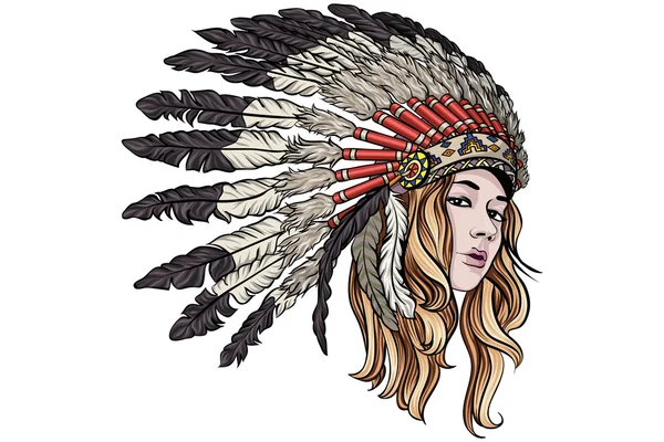 Kızılderili kızla güzel şef headdress vektör çizim.