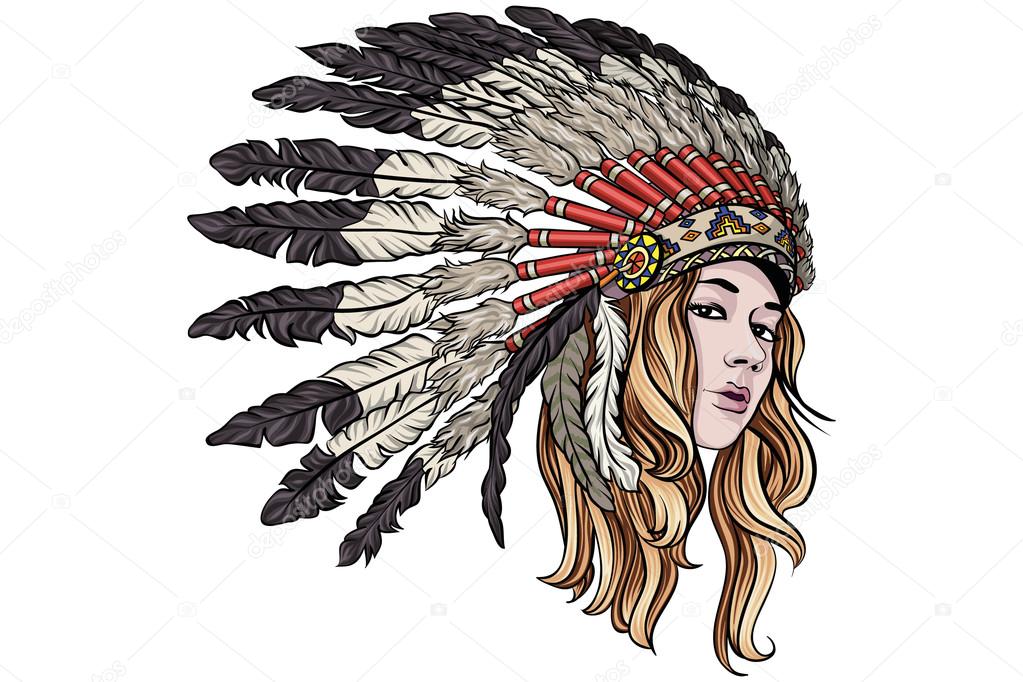Beautiful native american girl with chief headdress vector illustration.