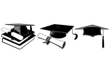 Mezuniyet kep ve diploma siluetleri vektör.