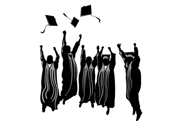 Siluety studentů absolventů oslavovat a házení čepice. — Stockový vektor