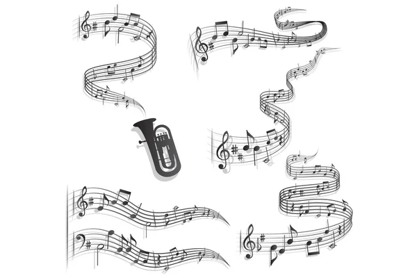 Wavy musical scores and notes vector illustration. — Stock Vector