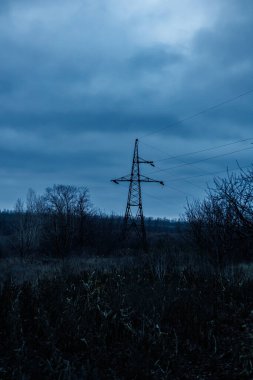 Yüksek Voltaj Elektrik Hattı Kulesi Huysuz Mavi Alacakaranlık Gökyüzüne Karşı Siluet, Sonbaharın Sonlarında Endüstriyel Manzara ya da Çıplak Ağaçlarla Kış