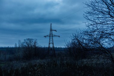 Yüksek Voltaj Elektrik Hattı Kulesi Huysuz Mavi Alacakaranlık Gökyüzüne Karşı Siluet, Sonbaharın Sonlarında Endüstriyel Manzara ya da Çıplak Ağaçlarla Kış