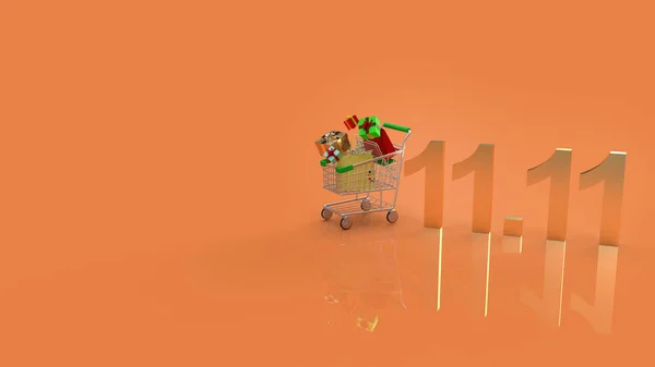 购物车和黄金文本11 11用于购物内容3D渲染 — 图库照片