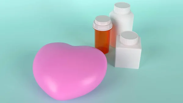 红心药瓶用于健康内容3D渲染 — 图库照片