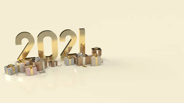 新年のコンテンツ3Dレンダリングのための金2021テキストとギフトボックス — ストック写真