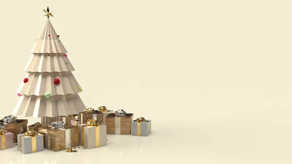新年のコンテンツのための金のクリスマスツリーとギフトボックス3Dレンダリング — ストック写真