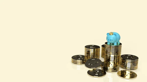 青い豚の銀行とビジネスコンテンツのための金のコインの王冠3Dレンダリング — ストック写真