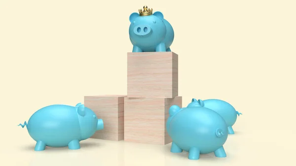 Blue Pig Bank Crown Wood Cube Business Content Rendering — Stock Photo, Image