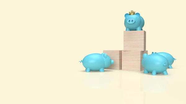 Banco Porco Azul Coroa Cubo Madeira Para Renderização Conteúdo Empresarial — Fotografia de Stock