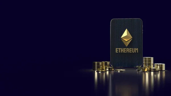 Ethereum Logo Coins Front Tablet Cryptocurrency Content Rendering — Stock Photo, Image