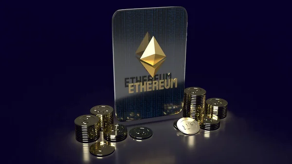 Ethereum Logo Coins Front Tablet Cryptocurrency Content Rendering — Stock Photo, Image