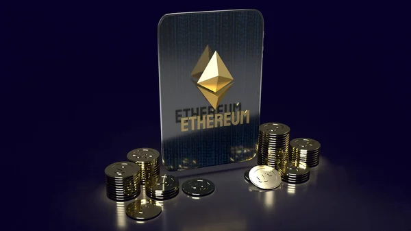 Ethereum-Logo und Münzen Front-Tablet für Kryptowährungsinhalte 3D-Rendering — Stockbild Ethereum Logo Und Münzen Front Tablet Für Kryptowährungsinhalte Rendering — Stockfoto