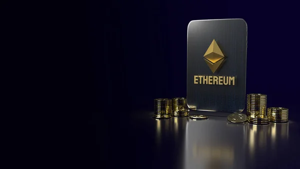 Ethereum Logo Coins Front Tablet Cryptocurrency Content Rendering — Stock Photo, Image