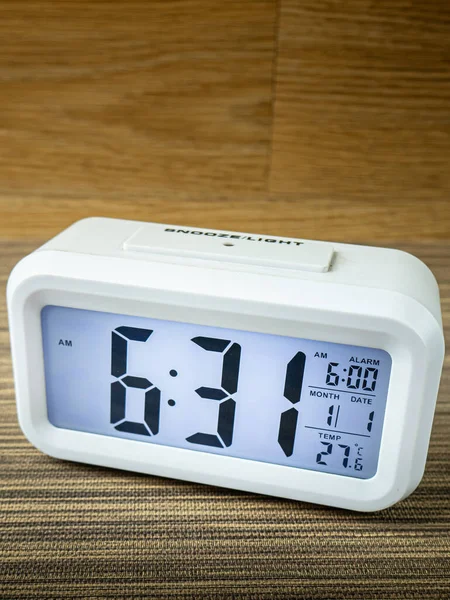 White Alarm Clock Digital Numbers Wood Table — Stock Photo, Image