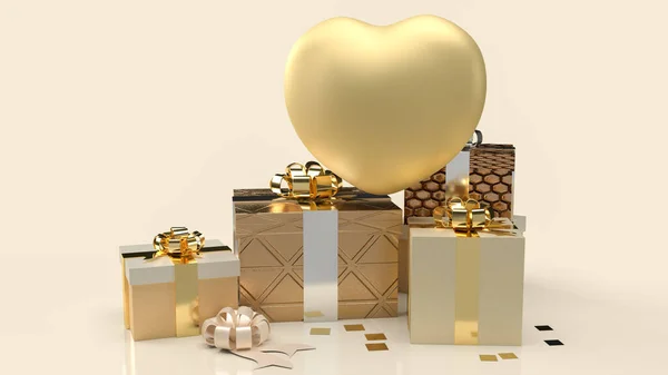 Guld Hjärta Och Presentförpackningar För Firande Innehåll Rendering — Stockfoto