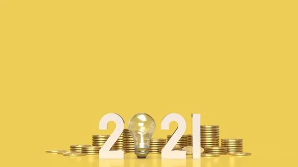 2021年の数字と黄色の背景3Dレンダリングの金のコイン — ストック写真
