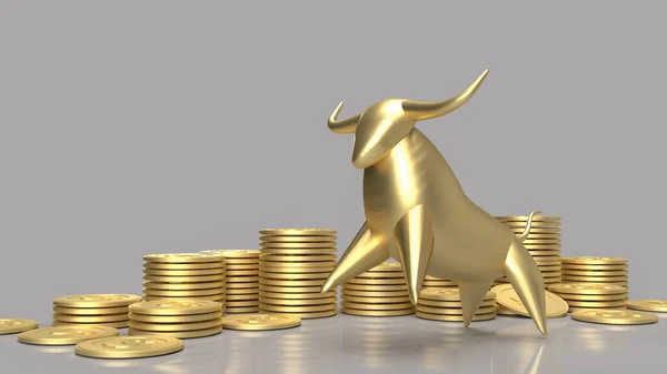 Gold bull and coins group for business content 3d rendering.