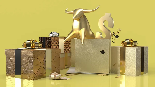 gold bull in gift box surprise for business content 3d rendering