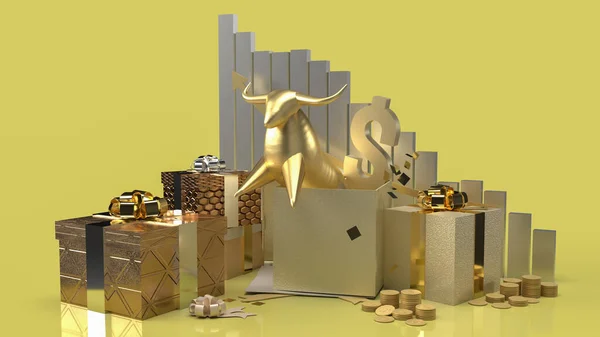 gold bull in gift box surprise for business content 3d rendering