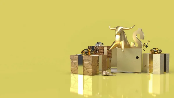 Banteng Emas Dalam Kotak Hadiah Kejutan Untuk Isi Bisnis Rendering — Stok Foto