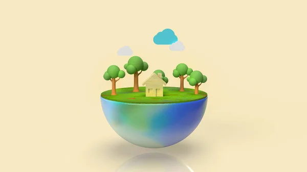 home and tree on half earth for ecology content 3d