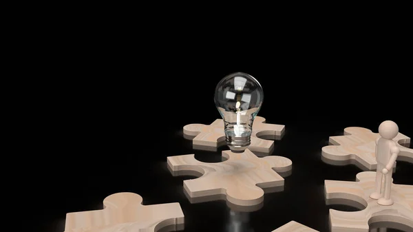 Light Bulb Wood Human Figure Jigsaw Rendering — Stock Photo, Image