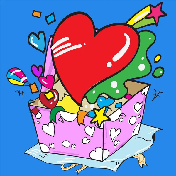 Coeur Boîte Cadeau Dessin Animé Style Image Vectorielle — Image vectorielle