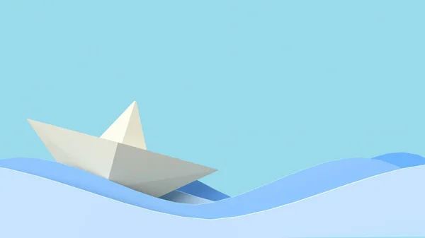 Boat Paper Wave Blue Background Blue Ocean Content Rendering — Stock Photo, Image