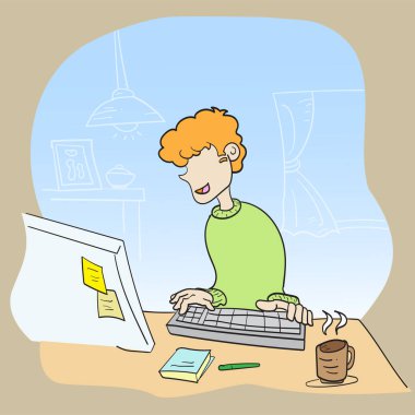ev vektör resminde ev içeriğinden çalışmak için çalışan adam.